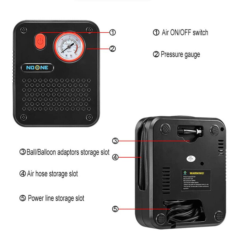 NOONE 1.9M Air Compressor tyre Inflator 12V Portable Car tyre