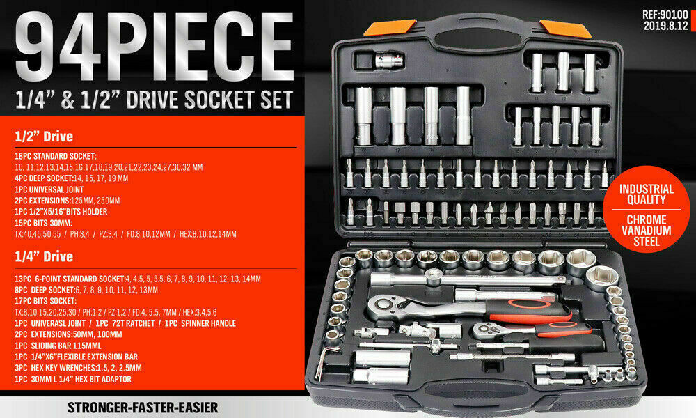 94Pack Socket Ratchet Wrench Screwdriver Bits Extension Torx Hex 1/4"