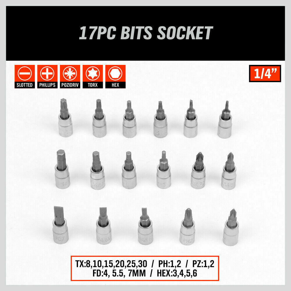 94Pack Socket Ratchet Wrench Screwdriver Bits Extension Torx Hex 1/4"