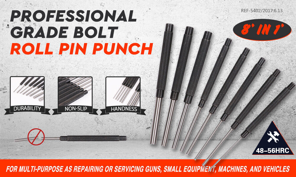 8Pack Heavy-Duty Long Pin Punch 2.4 to 10mm Drift Roll
