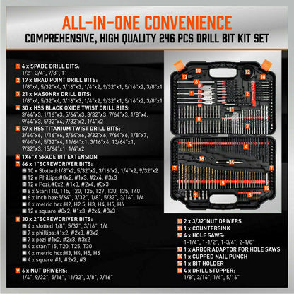 246Pack Combination Drill Bits Wood Hole Saw Metal Cement Screwdriver