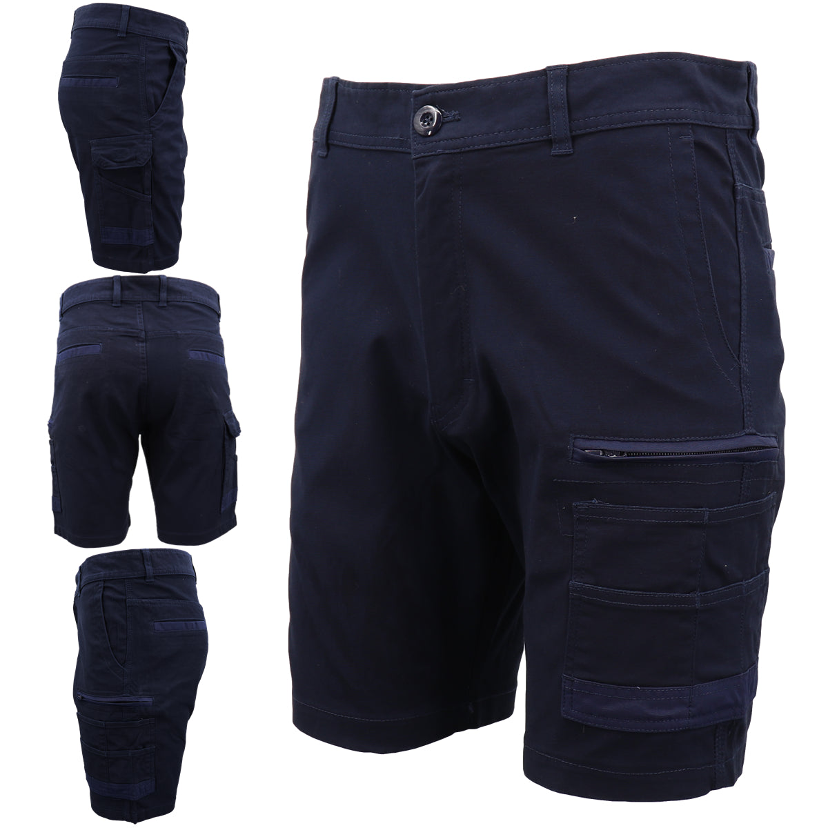 Mens Cargo Cotton Drill Work Shorts UPF 50+ 13 Pockets Tradies Workwear Trousers, Black, 36