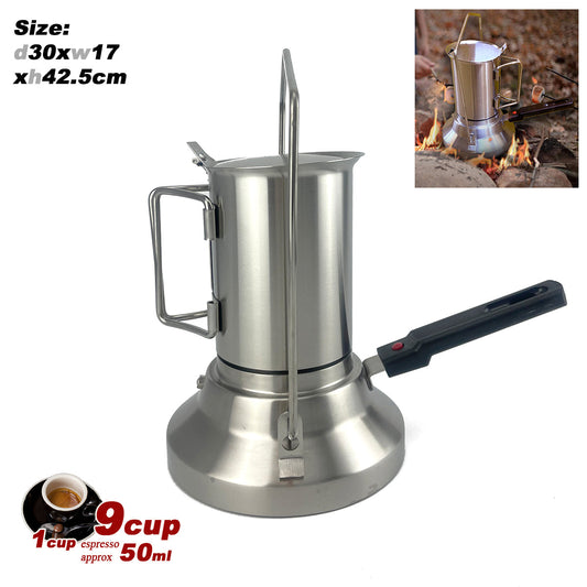 A stainless steel 2 in 1 Moka Coffee Pot and espresso kettle combination, shown both as a coffee maker on a stovetop and as a kettle on a camping scene.