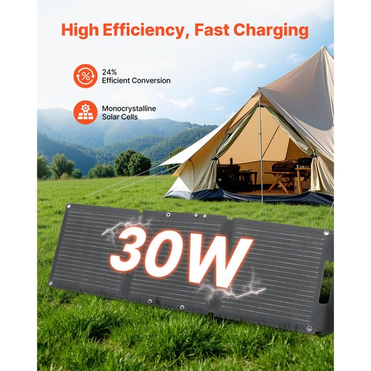 30W Foldable Solar Panel Charger, 16BB N-Type Monocrystalline Solar Panel 24% Efficiency, Ultra-Light Portable with USB-A, USB-A (QC3.0) & Type-C Ports for Camping, Backpacking, Phones, Tablets