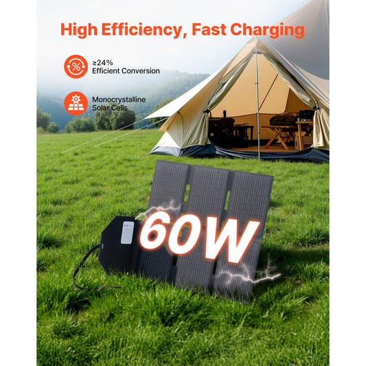 60W Foldable Solar Panel Charger, 16BB N-Type Monocrystalline Solar Panel 24% Efficiency, Lightweight Portable with MC4 Output, Type-C, USB-A & DC Ports for Power Stations Camping Hiking