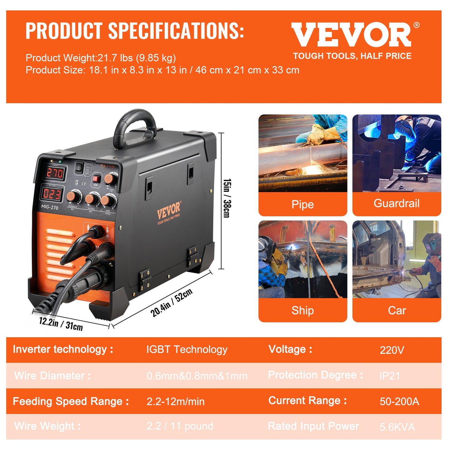 Vevor Mig Welder Welding Machine MIG-270 MIG MMA TIG IGBT DC Inverter Welder Digital Display