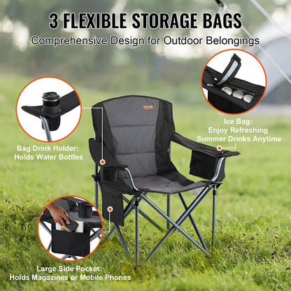 VEVOR Camping Folding Chair for Adults, Portable Heavy Duty Outdoor Quad Lumbar Back Padded Arm Chairs with Side Pockets, Cup Holder and Cooler Bag for Beach, Lawn, Picnic, Fishing, Backpacking, Black