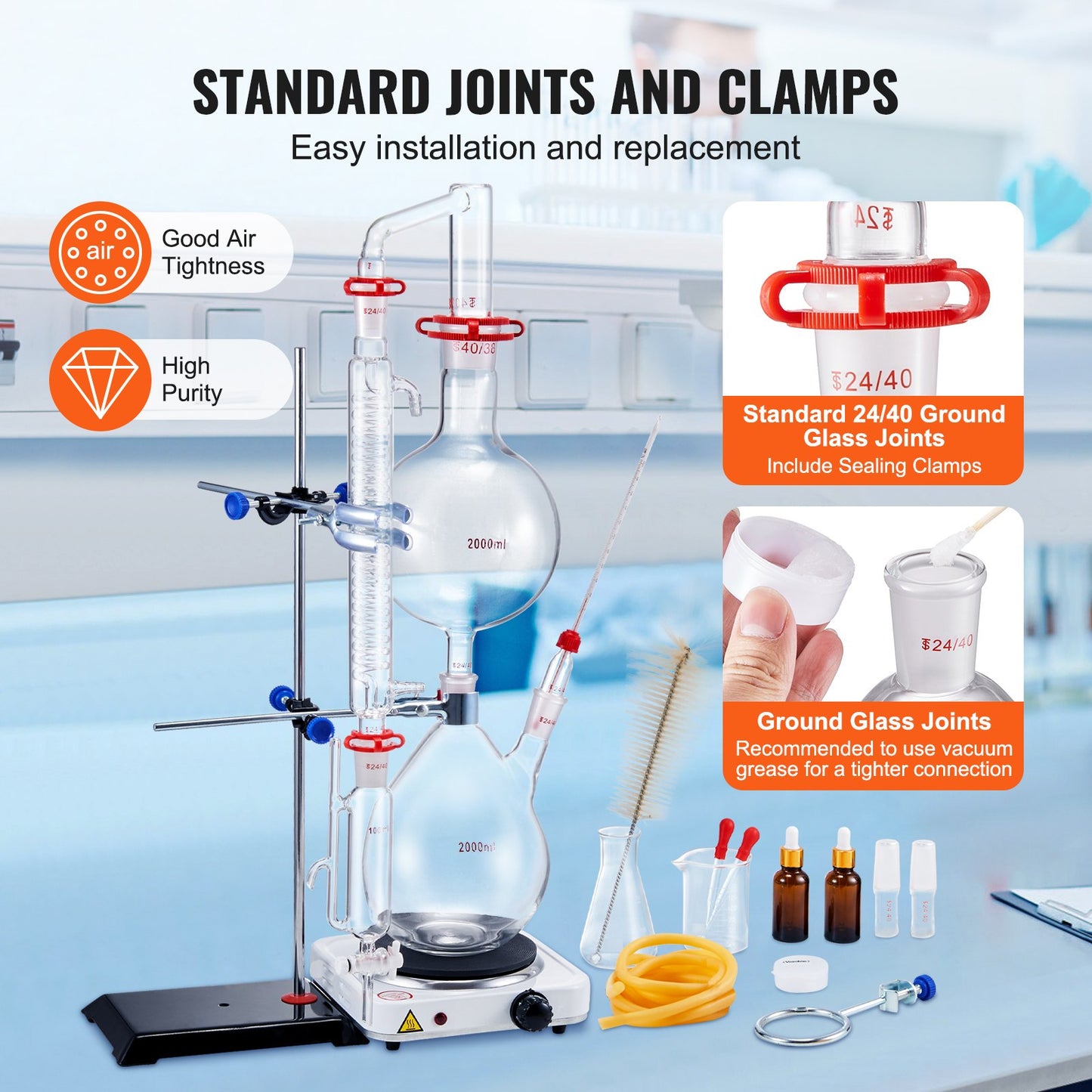 VEVOR Essential Oil Distillation Kit, 2000ml Distillation Apparatus, 3.3 Boro Lab Glassware Distillation Kit with 1000W Heating Plate and 24, 40 Joint, 28 pcs Set