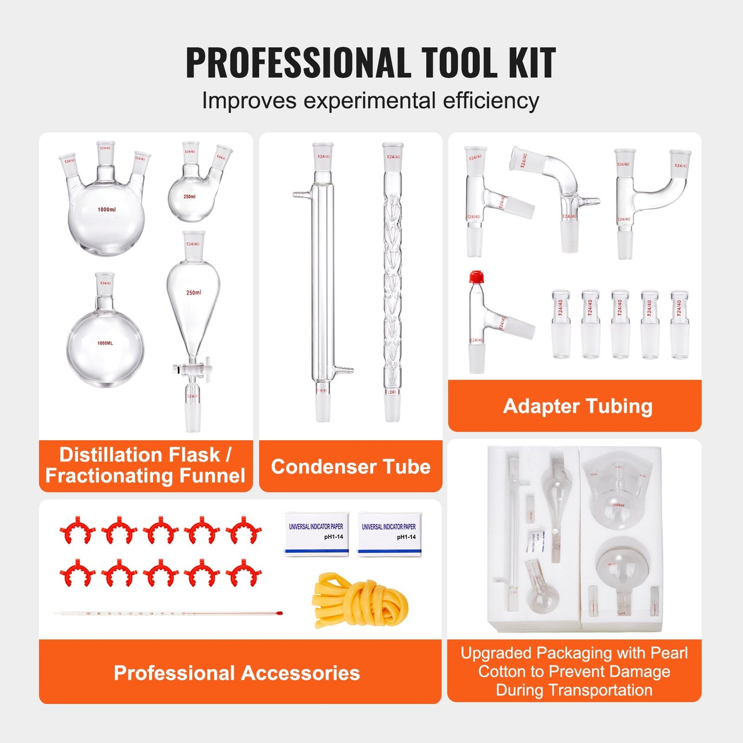 VEVOR Lab Glassware Distillation Kit 1000ml 3.3 Boro 29 pcs Glassware Equipment