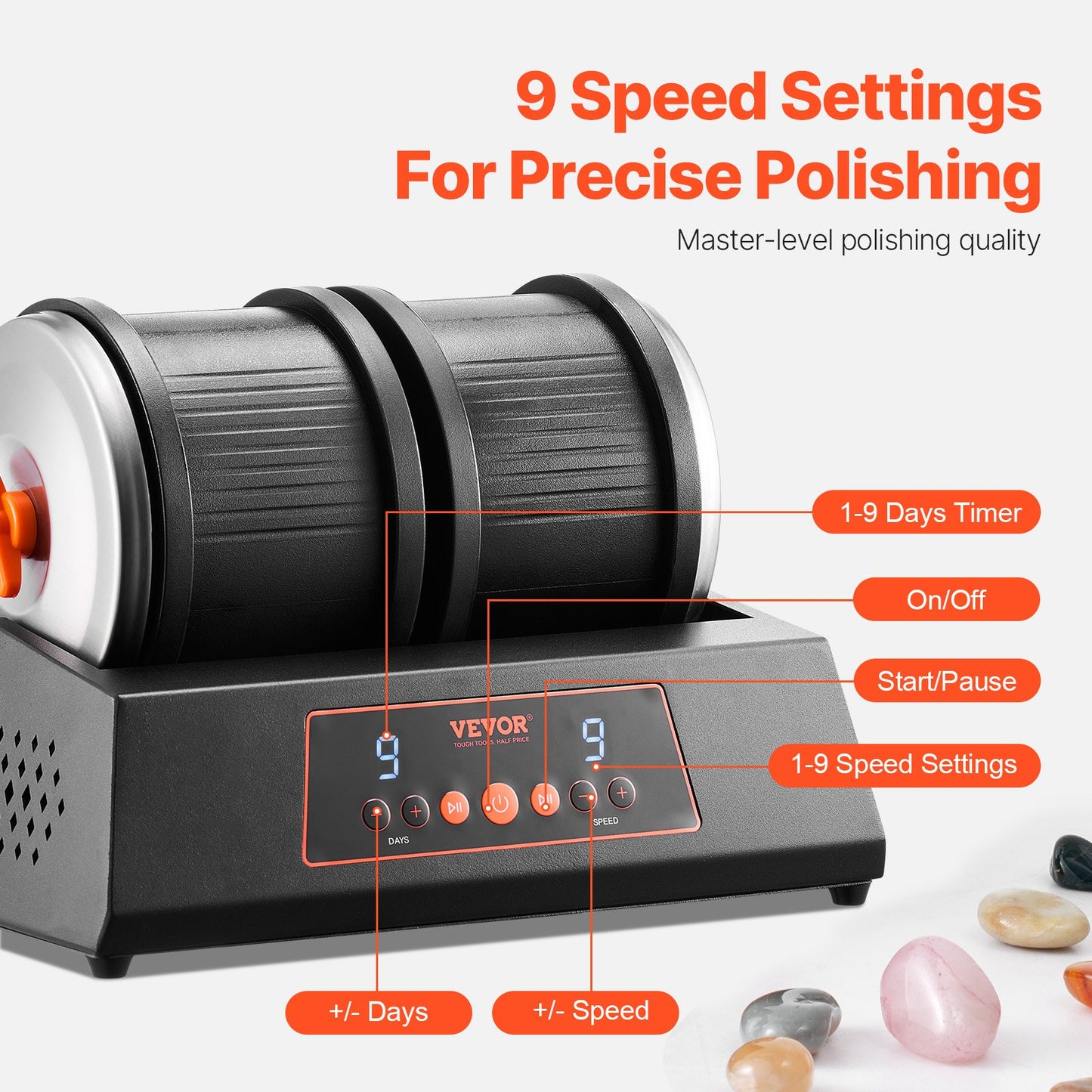 Rock Tumbler Machine 8 lbs Rock Polishing Kit 9 Speed 9-Day Timer Dual Barrels