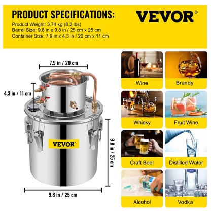VEVOR Moonshine Still 3 Gal 12L Stainless Steel Water Alcohol Distiller Copper Tube Home Brewing Kit Build-in Thermometer for DIY Whisky Wine Brandy, 3Gal, Sliver