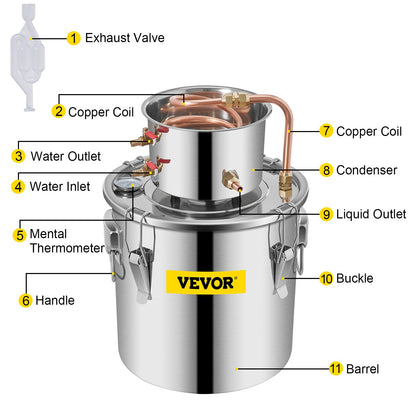 VEVOR Moonshine Still 3 Gal 12L Stainless Steel Water Alcohol Distiller Copper Tube Home Brewing Kit Build-in Thermometer for DIY Whisky Wine Brandy, 3Gal, Sliver