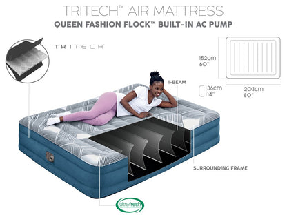 Bestway 2.03m x 1.52m x 36cm Tritech Fashion Flock comfortable inflatable Air Mattress Queen Built-in AC Pump