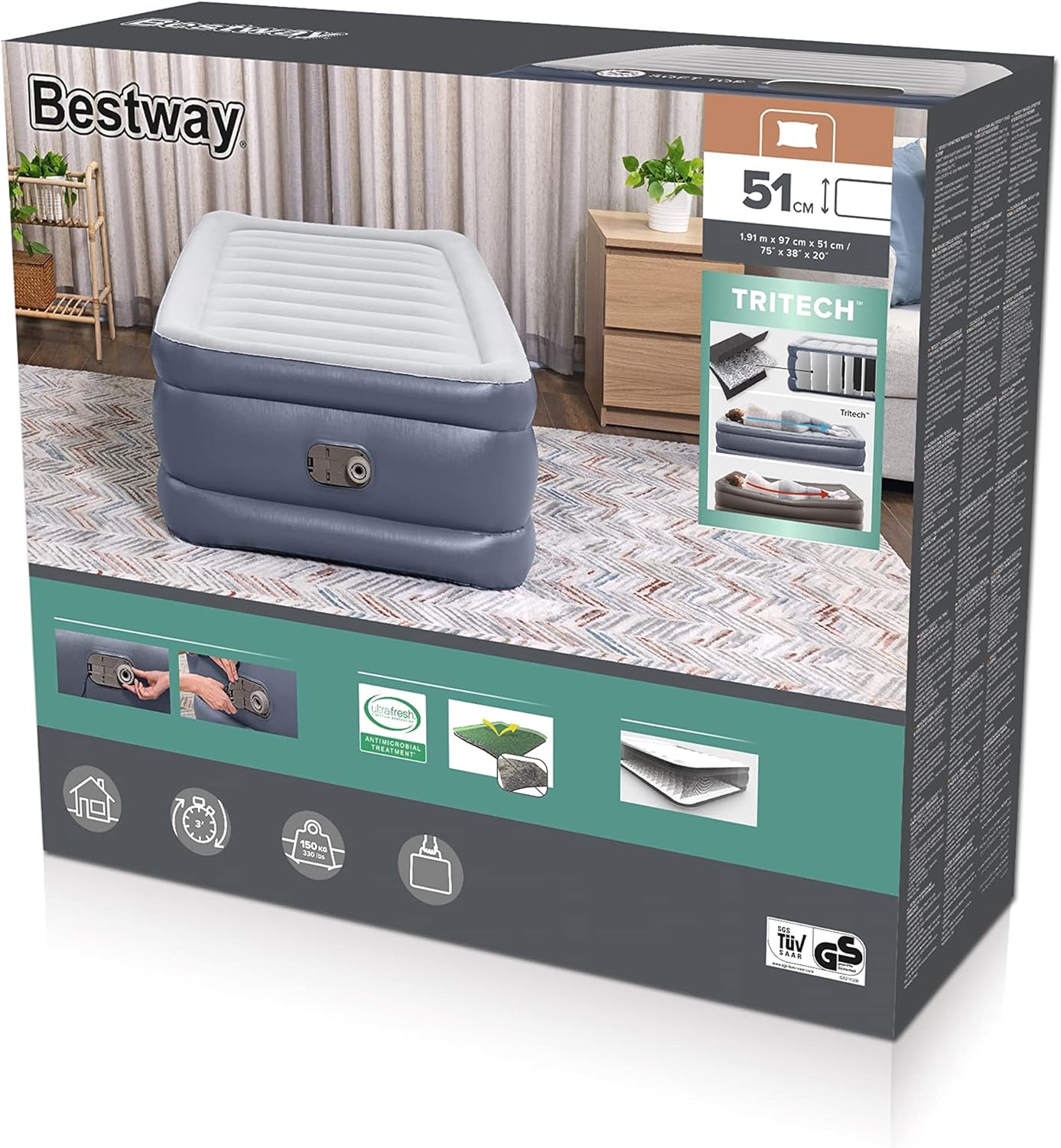Bestway 1.91m x 97m x 51cm Tritech Air Inflatable Mattress Twin Built-in AC Pump