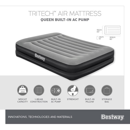 Bestway 2.03m x 1.52m x 46cm Tritech Air Mattress Queen Built-in AC pump