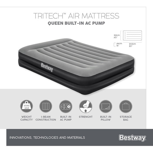 Bestway 2.03m x 1.52m x 46cm Tritech Air Mattress Queen Built-in AC pump