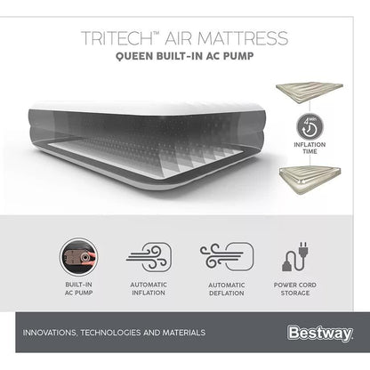 Bestway 2.03m x 1.52m x 46cm Tritech Air Mattress Queen Built-in AC pump