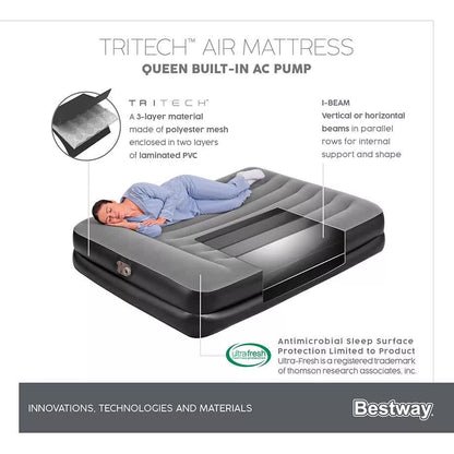 Bestway 2.03m x 1.52m x 46cm Tritech Air Mattress Queen Built-in AC pump