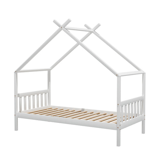 Artiss Bed Frame Wooden Base Kids Single Timber House Beds White