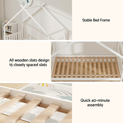 Artiss Bed Frame Wooden Base Kids Single Timber House Beds White