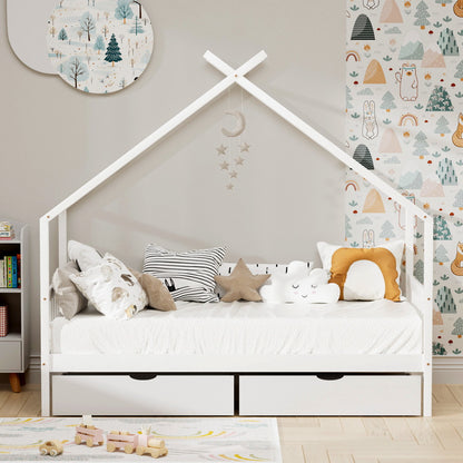 Artiss Bed Frame Wooden Base Kids Single Timber House with 2 Storage Drawers Beds White