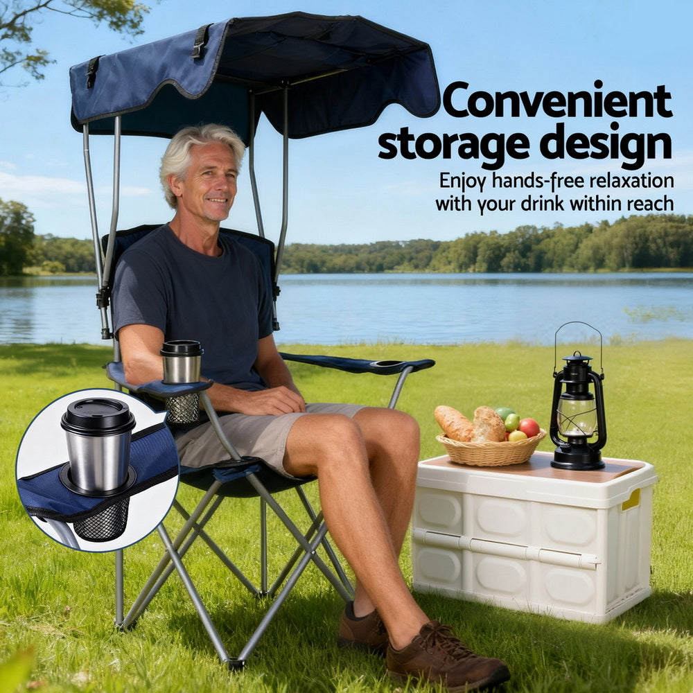 Weisshorn Camping Chair With Canopy Folding Outdoor Portable Seat Lightweight Beach Picnic Fishing Capacity 120KG Navy Blue